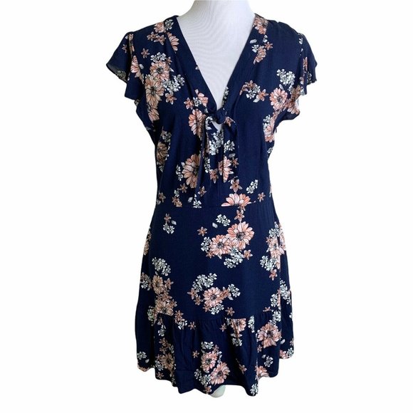 Cupcakes and Cashmere Navy Floral Neck Tie Ruffle Cap Sleeve Mini Dress Womens 6 - Picture 1 of 10